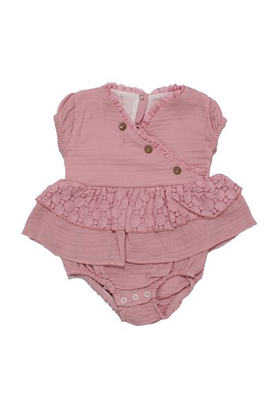 bebegen Baby Girl Powder Muslin Elastic Buttoned Pantyhose Jumpsuit with Ruffles at the Waist