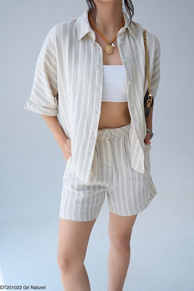 My Blog Gray - Natural Shirt Shorts Set - 251022