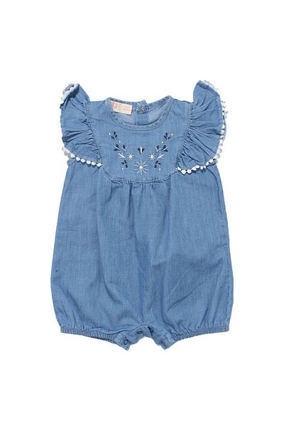 bebegen Baby Girl Blue Floral Embroidered Ruffled Scalloped Embroidered Denim Jumpsuit