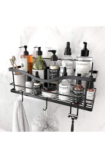KINCMAX Shower Shelf, No Drilling Required, Stainless Steel, With Hooks,matte Black, 13 X 13 X 32 Cm