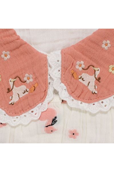bebegen Baby Girl Ecru Salmon Muslin Duck Floral Patterned Collared Jumpsuit