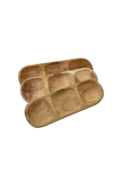 bonfesto Set of 3 Acacia Wood Serving Trays, 3 Compartments, for Snacks, Fruits, Nuts, 30x10x2.5 cm