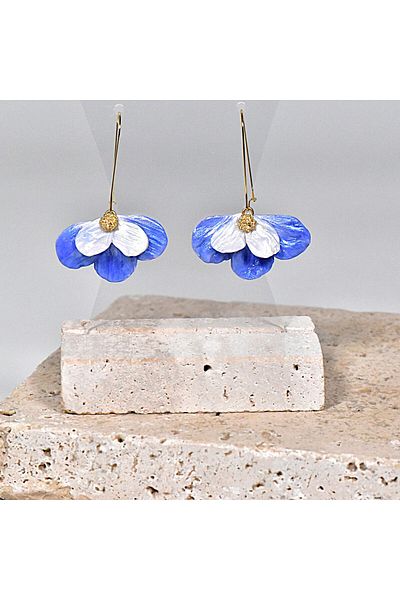 NARRU NARRU handmade earrings, flower-shaped, white, blue and gold, Milena 09