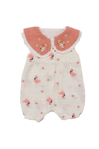 bebegen Baby Girl Ecru Salmon Muslin Duck Floral Patterned Collared Jumpsuit