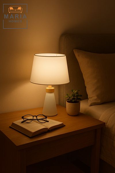 MARIA HOMES Modern White Table Lamp Minimalist Bedside Light for Bedroom, Living Room & Office