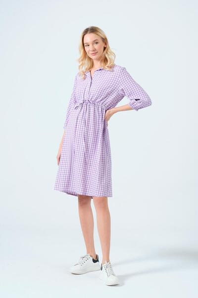 BUSA Hamile Beli Bağcıklı Gömlek Yaka Ara Boy Ekose Elbise LİLA