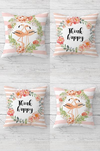 MENTEŞ HOME Filamingo and Think Happy Message Hidden Zippered Throw Pillow Cover Sofa Pillow Case Set (4Pcs)