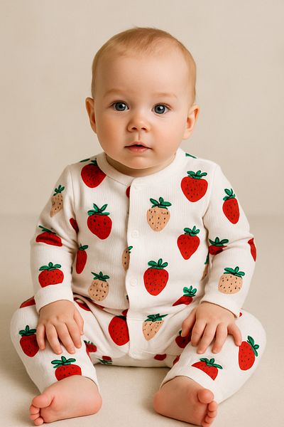 ANNELIESSE BABY Strawberry Pattern Front Snap Jumpsuit