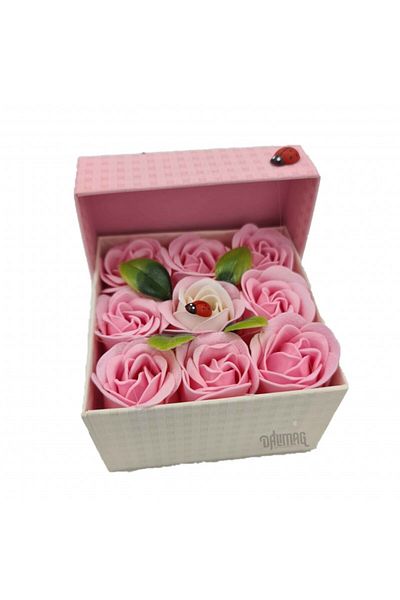 dalimag Aranjament floral 9 trandafiri sapun in cutie, alb, roz