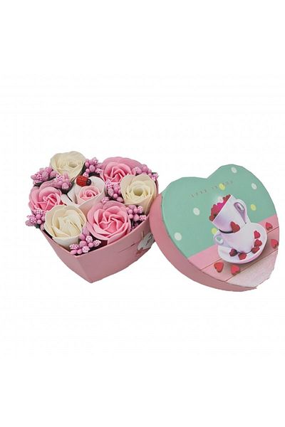 dalimag Aranjament floral 7 trandafirii cutie inima , flori de sapun, alb, roz, 11x9x6 cm