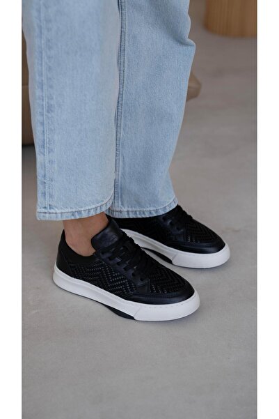 ECENİN BUTİĞİ Neves Siyah Hasır Hakiki Deri Spor Ayakkabı