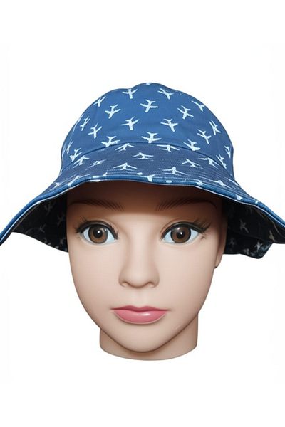 Kitti Children's Airplane Patterned Wide Brim Summer Fedora Hat – Sunscreen, Cotton 52cm