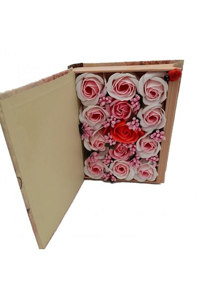 dalimag Aranjament floral 13 trandafiri cutie in forma de carte, flori de sapun, rosu, roz, alb, 11x9x6 cm