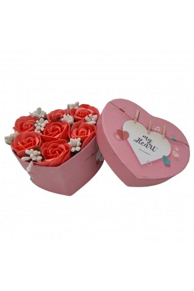 dalimag Floral arrangement 7 roses heart box, soap flowers, red and white, 11x9x6 cm