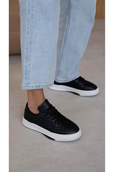 ECENİN BUTİĞİ Neves Siyah Hasır Hakiki Deri Spor Ayakkabı