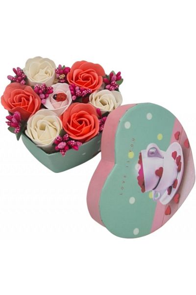 dalimag Aranjament floral 7 trandafirii cutie inima , flori de sapun, rosu, alb, roz, 11x9x6 cm