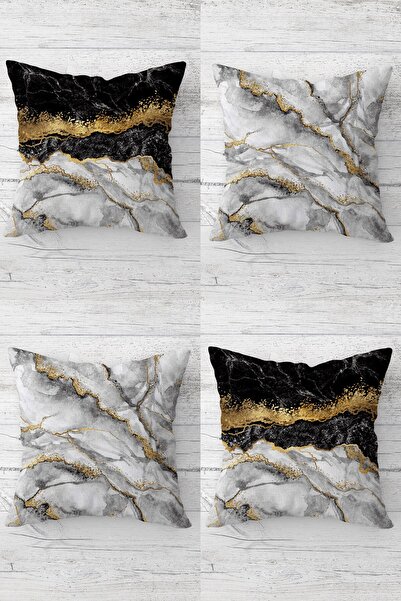 MENTEŞ HOME مجموعة غطاء وسادة أريكة بخطوط ذهبية منقوشة بالرخام وسحاب مخفي (4 ...