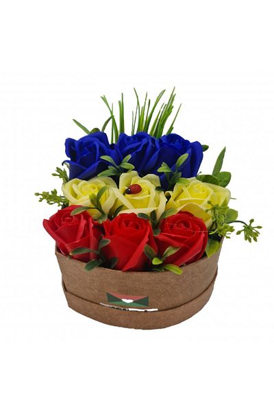 dalimag Aranjament floral 9 trandafiri cutie , flori de sapun, tricolor