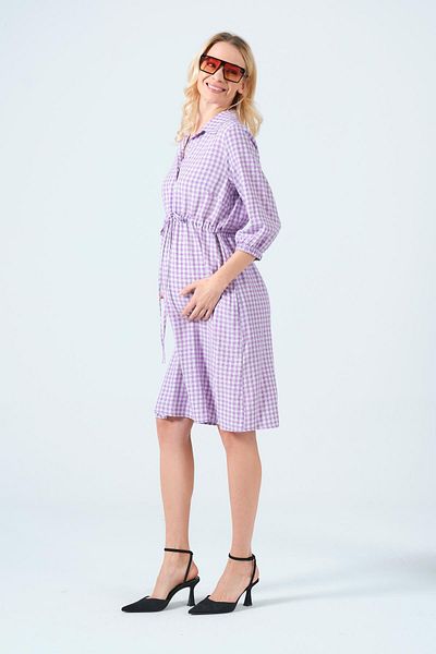 BUSA Maternity Lace-Up Shirt Collar Intermediate Length Plaid Dress Li̇la