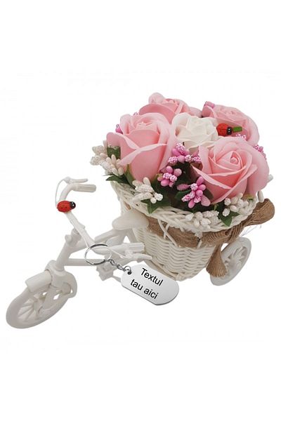 dalimag Aranjament floral gravat personalizat cu textul tau trandafiri "Bicicleta cu flori zambarete", flori
