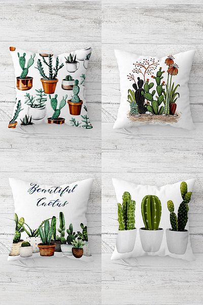 MENTEŞ HOME Set de huse de pernă cu fermoar ascuns cu model de cactus (4 bucăți)