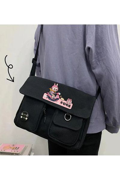 Toum Geantă neagră unisex Cute Labubu Harajuku cu buzunare