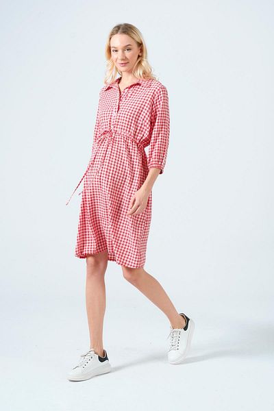 BUSA Maternity Lace-Up Shirt Collar Intermediate Size Plaid Dress Red