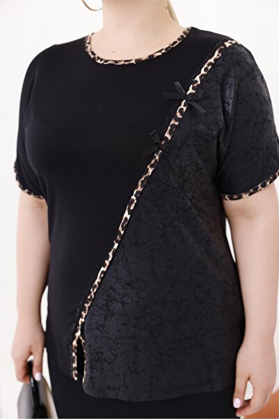 Siyezen Plus Size Leopard Stripe Ribbon Detailed Blouse