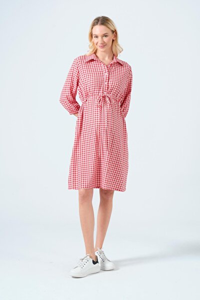 BUSA Maternity Lace-Up Shirt Collar Intermediate Size Plaid Dress Red