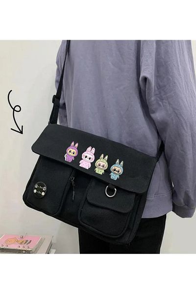 Toum Labubu Character Harajuku Geantă neagră unisex cu buzunare