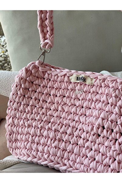 Mita Özel Tasarım Soft Pembe El Örgüsü Charm Detay El Çantası