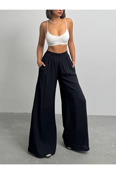 NEWCO Women's Black Wide Leg Draped Modal Trousers
