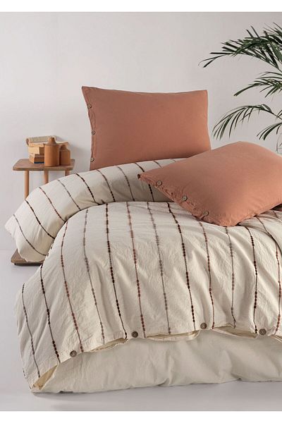 Macas Home Iris Mocca 100% βαμβακερό νήμα που πλένεται Vintage Σετ παπλωματοθήκη μονό 160*220