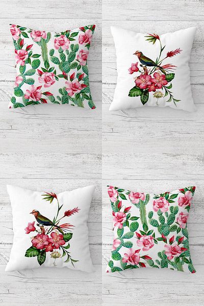 MENTEŞ HOME Set de huse de pernă cu fermoar ascuns cu tematică cactus, flori, păsări (4 bucăți)