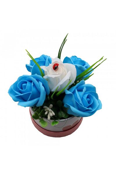 dalimag Aranjament Floral, Cutie Trandafiri, 4 Trandafiri Albastri din Sapun si unul Alb