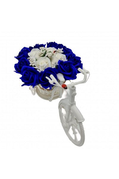 dalimag Aranjament floral trandafiri "Bicicleta cu flori zambarete", flori de sapun, albastru cu alb, 30x17x