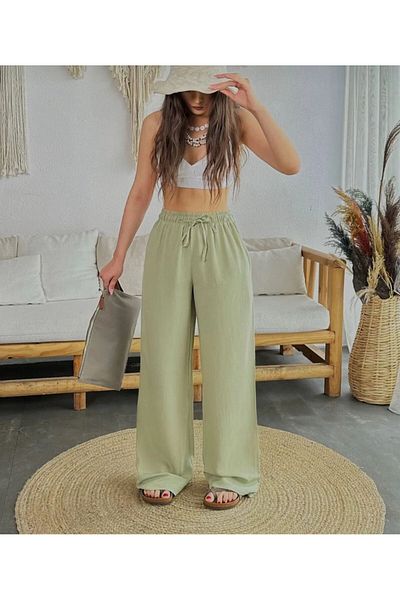 SHEVANE New Season Women's Linen High Waist Wide Cut Summer Trousers with Elastic Waistband and Pockets