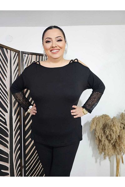 BİrHoşButik Plus Size Lycra Imported Viscosa Fabric Sleeves Lace Off the Shoulder Boat Necklace Sweat-Free Trending Bluz