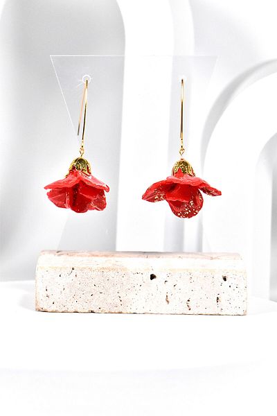 NARRU NARRU earrings, handmade, flower chandelier, red and gold, Teona 04