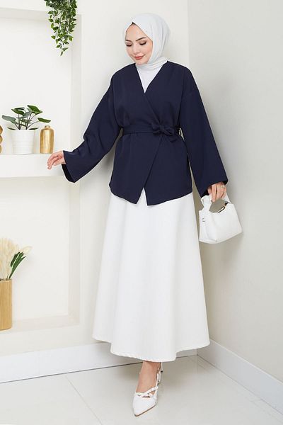 InStyle Belted Single Button Double Kimono Navy Blue