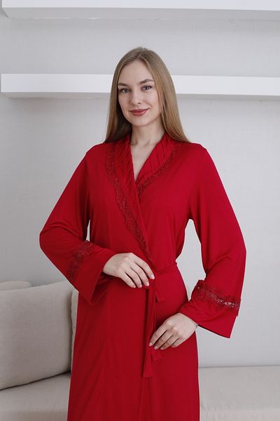 ERDENİZ TEKSTİL Lace Detailed Women's Dressing Gown / Shawl Collar Tie Waist / Cotton Stretch Fabric