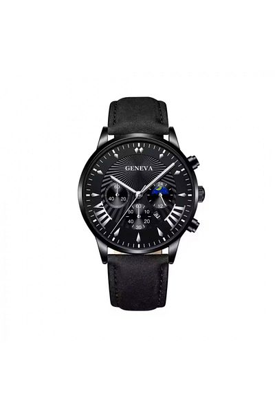 OEM Ceas bărbătesc cu quartz negru, cu curea și brățară din piele