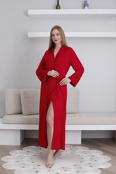 ERDENİZ TEKSTİL Lace Detailed Women's Dressing Gown / Shawl Collar Tie Waist / Cotton Stretch Fabric