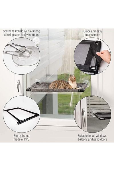 AMAZY Pat suspendat pentru pisici, cu prindere la fereastră, tip hamac, prindere cu ventuză, 60x35 cm