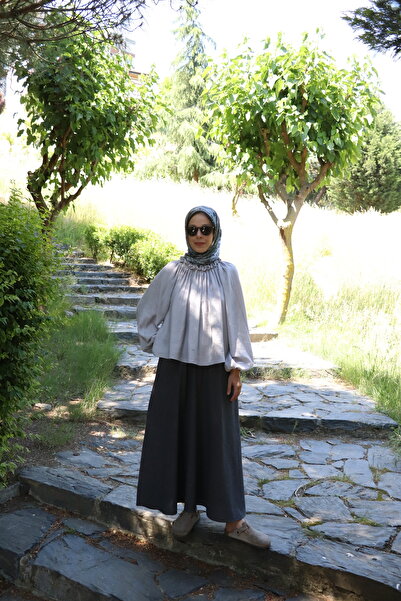 ilmek 25030 Women's Gathered Collar Flounced Crinkle Fabric Flowy Comfortable Blouse Gray