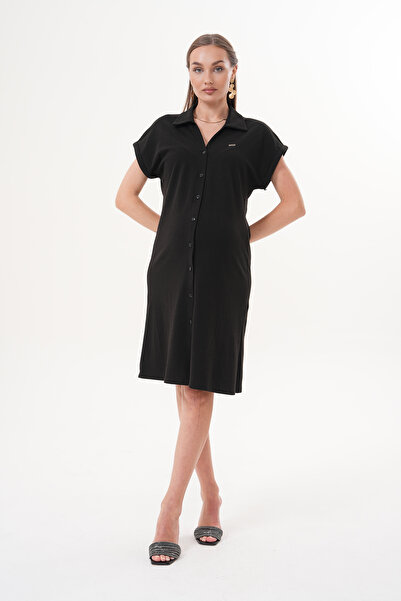 Miss Dünya Lissa Guler cămașă Mânecă scurtă Dungi Front Button Midi Lungime M...