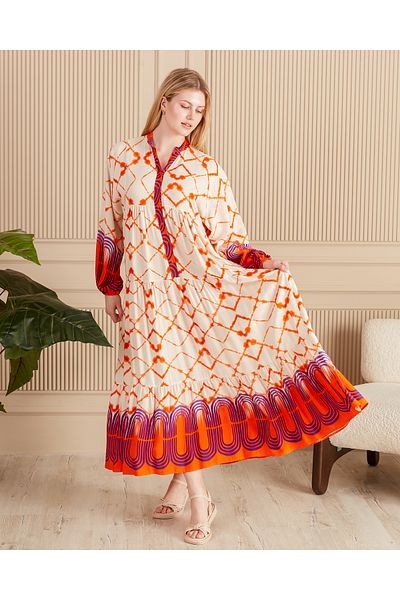EL jadida Women's Patterned Plus Size Hijab Viscose Dress Orange Purple