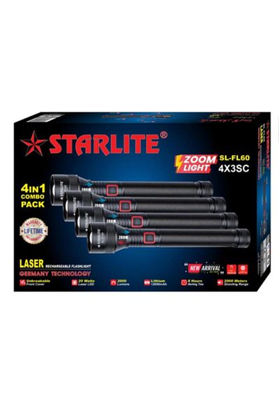 Generic STARLITE 4-in-1 SL-FL60 Rechargeable LED Flashlight Combo – 30W Zoom Light, 2000 Lumens, 12000mAh