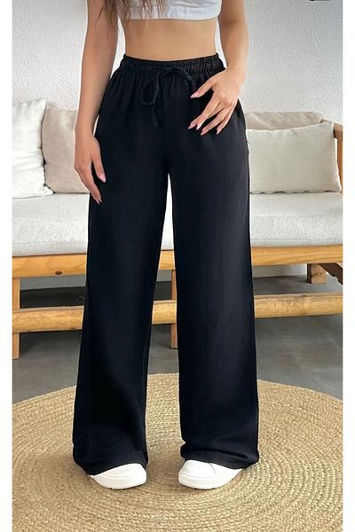 jsshop collection Hawaii Women's Linen High Waist Wide Cut Summer Trousers with Elastic Waistband and Pockets