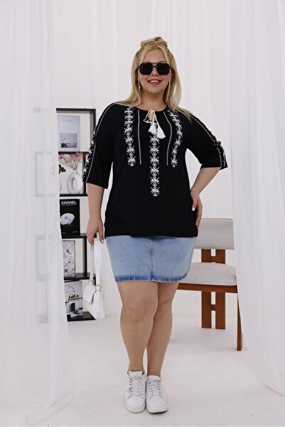 Siyezen Plus Size Etamine Embroidered Blouse